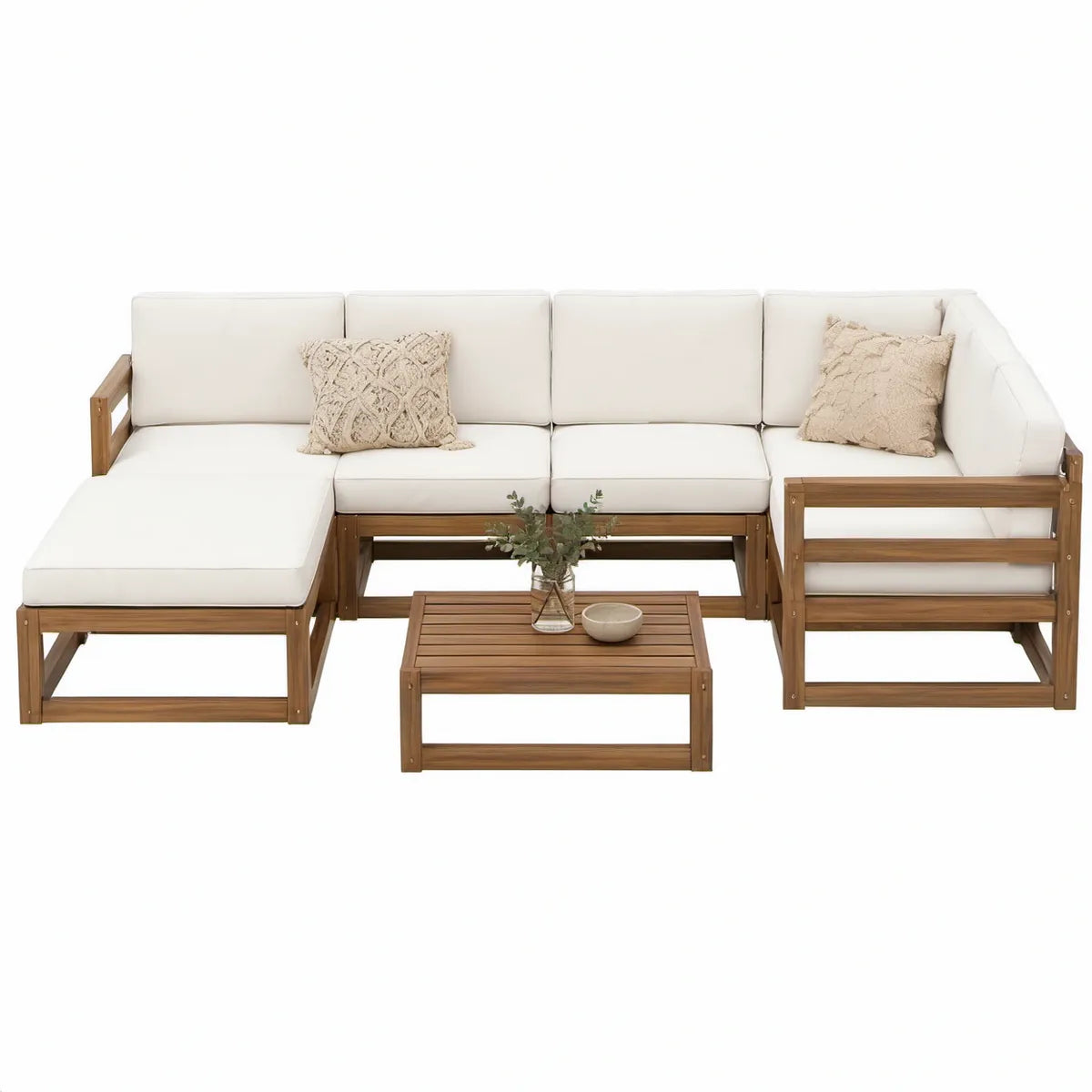 Conjunto modular em L para jardim com mesa de centro, 264 x 204 x 60 cm, madeira maciça de acácia castanha e almofadas creme