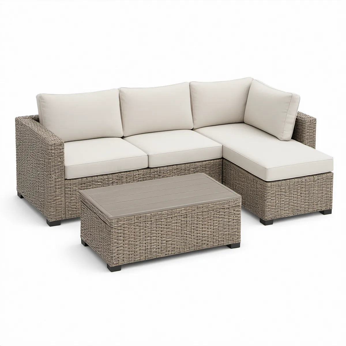 Conjunto modular de exterior em L com chaise longue e mesa de centro, 214 x 154 x 65 cm, Bege/Cinzento-taupe/Preto