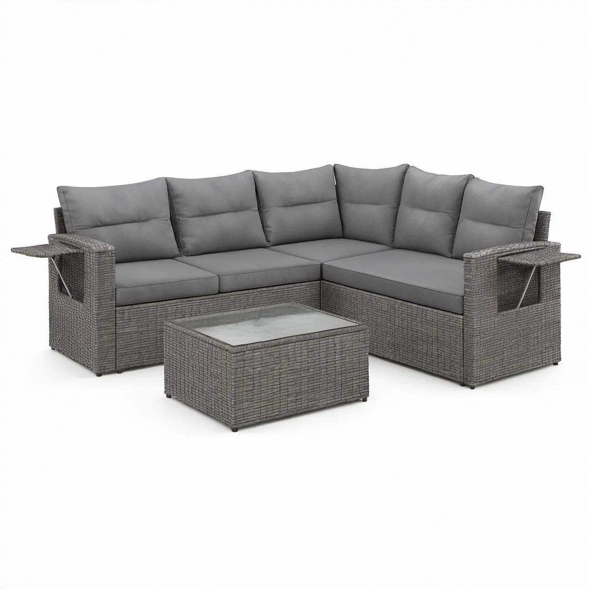 Sofá de Canto Modular para Exterior em Vime PE Cinzento com Mesa, 200 x 200 cm