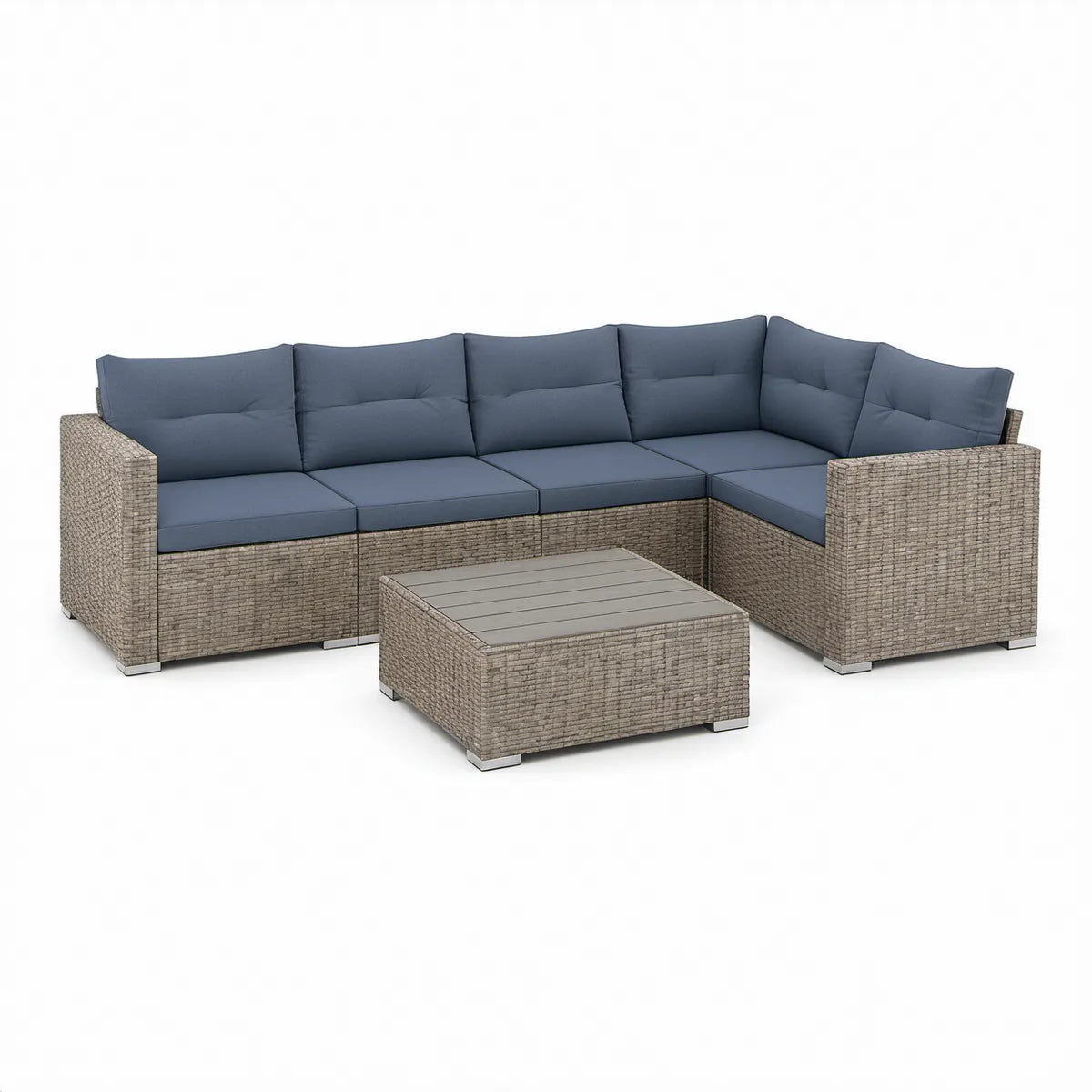 Sofá de Jardim Modular de Canto em L para 5 Lugares com Mesa de Centro, Cinzento e Azul-Escuro, 250 x 190 x 65 cm