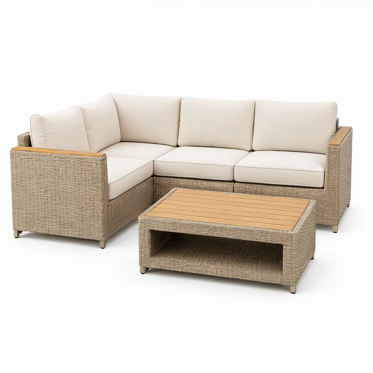 Conjunto de Exterior em Rattan PE Bege Acinzentado com Almofadas Branco Creme e Mesa 230 x 180 x 85 cm