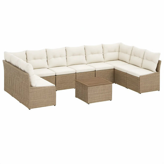 Conjunto Modular de Exterior em L de 7 Peças em Vime PE Bege com Almofadas Creme, 280 x 210 x 60 cm
