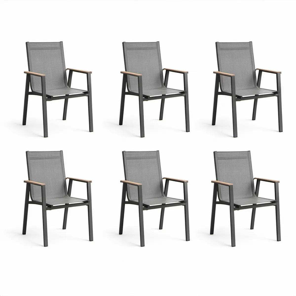 Conjunto de 6 Cadeiras de Jardim com Braços em Aço e Textilene Cinzento, 55 x 65 x 90 cm
