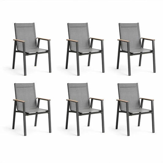 Conjunto de 6 Cadeiras de Jardim com Braços em Aço e Textilene Cinzento, 55 x 65 x 90 cm