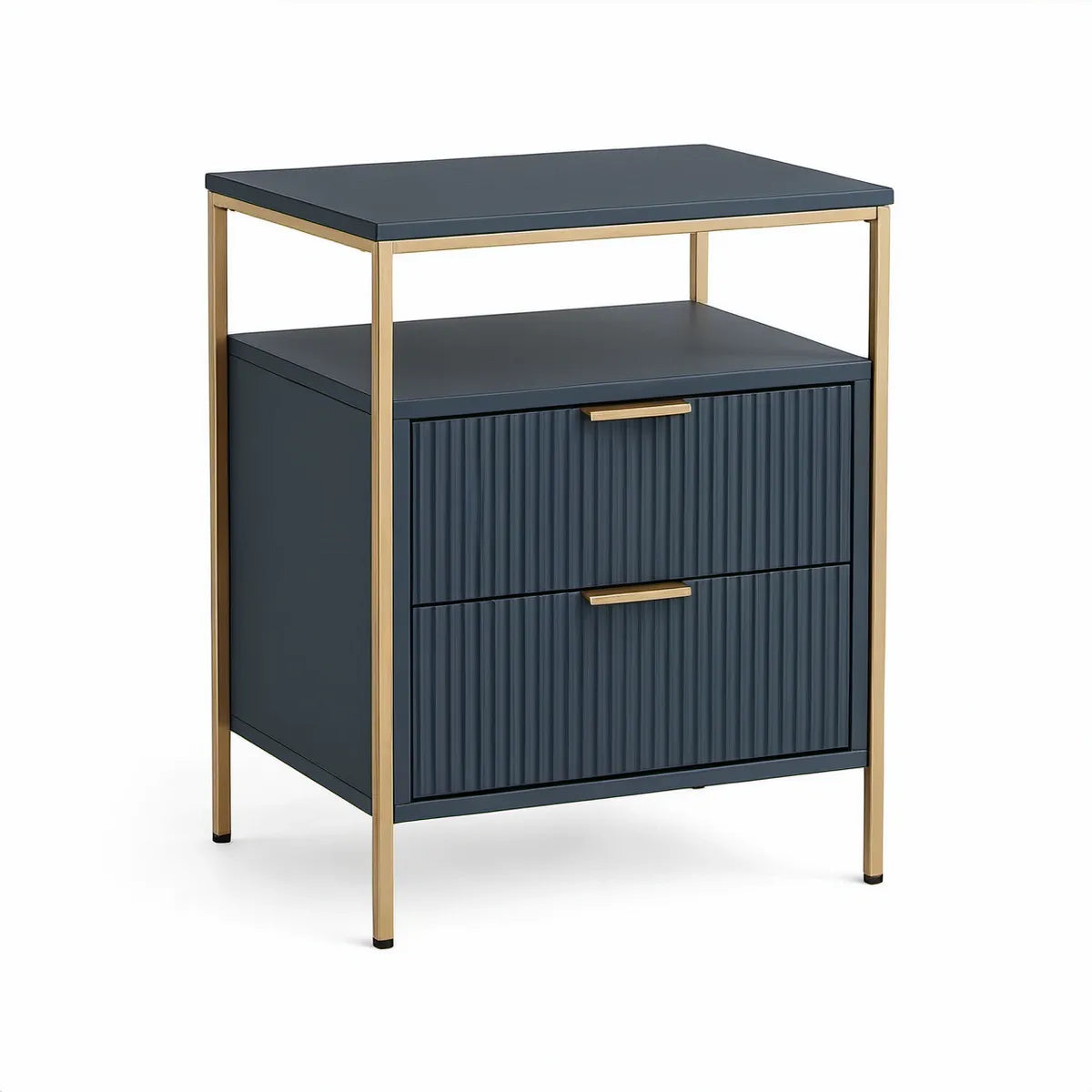 Mesa de Cabeceira Retangular com 2 Gavetas em MDF Azul-Escuro e Aço Dourado, 50 x 40 x 65 cm