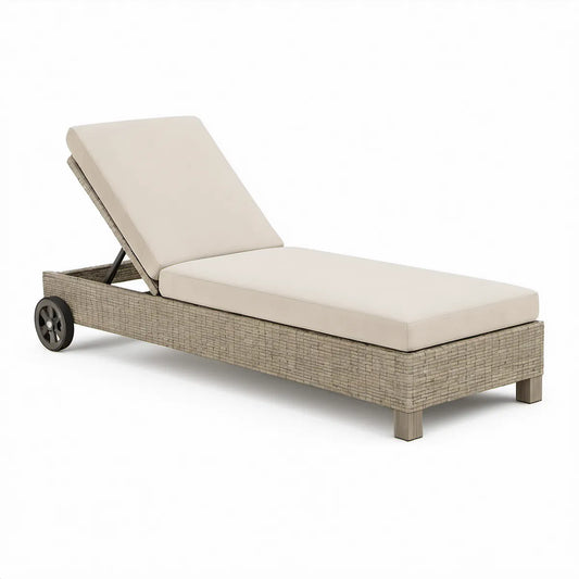 Espreguiçadeira de Jardim Reclinável com Rodas em Rattan PE Bege e Cinzento 200 x 70 x 35 cm
