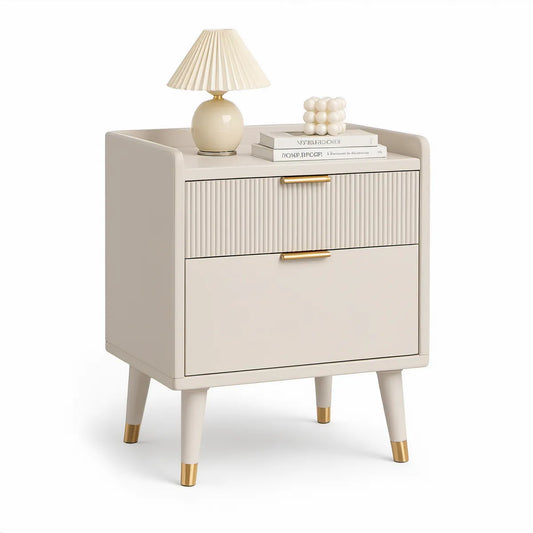 Mesa de cabeceira com 2 gavetas em MDF lacado bege e dourado, 45 x 40 x 60 cm
