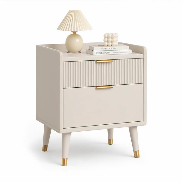 Mesa de cabeceira com 2 gavetas em MDF lacado bege e dourado, 45 x 40 x 60 cm
