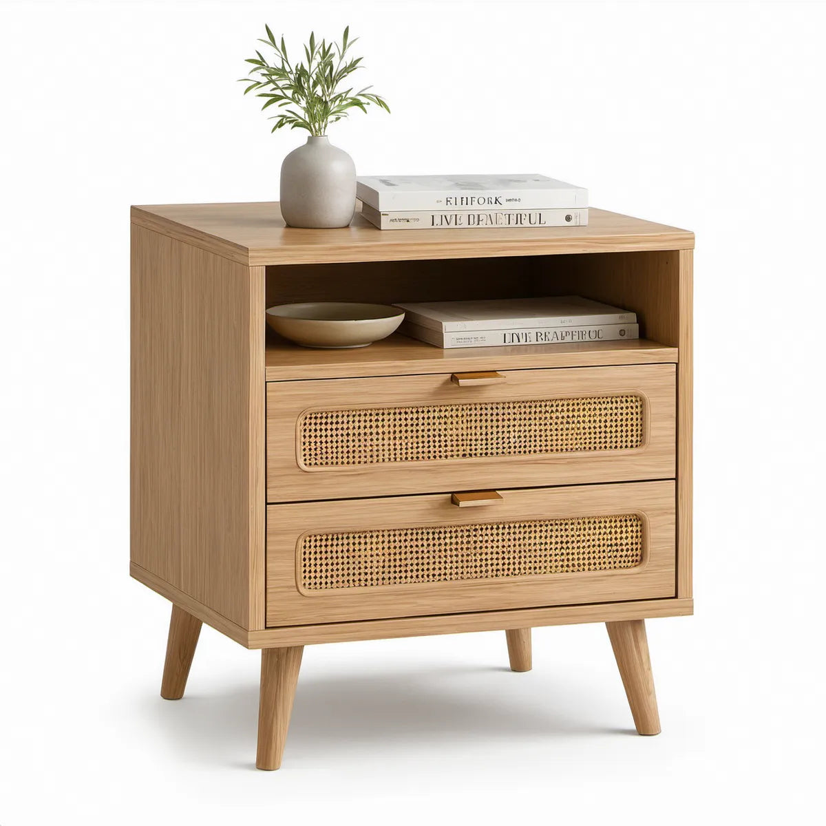 Mesa de Cabeceira com 2 Gavetas, Nicho Aberto e Palhinha de Rattan, Carvalho Natural e Bege, 60 x 40 x 65 cm