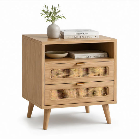 Mesa de Cabeceira com 2 Gavetas, Nicho Aberto e Palhinha de Rattan, Carvalho Natural e Bege, 60 x 40 x 65 cm