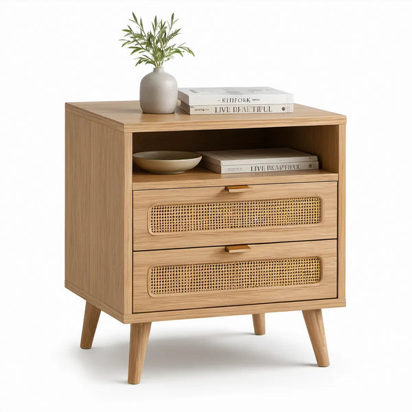 Mesa de Cabeceira com 2 Gavetas, Nicho Aberto e Palhinha de Rattan, Carvalho Natural e Bege, 60 x 40 x 65 cm