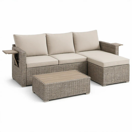 Conjunto de Jardim em Vime PE Cinzento com Almofadas Bege, 210 x 145 x 65 cm