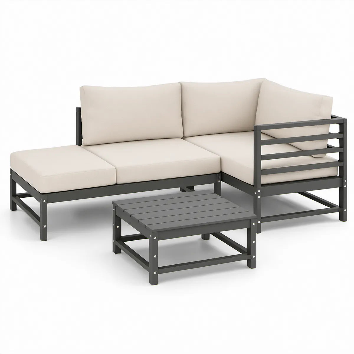 Conjunto de exterior em L com mesa de centro, aço cinzento-antracite e almofadas bege, 140 x 70 x 63 cm
