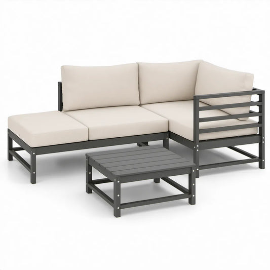 Conjunto de exterior em L com mesa de centro, aço cinzento-antracite e almofadas bege, 140 x 70 x 63 cm