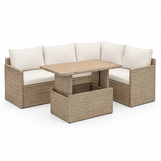 Conjunto de Jardim em Rattan PE Bege e Creme, 5 Peças com Mesa Retangular 110 x 60 x 65 cm