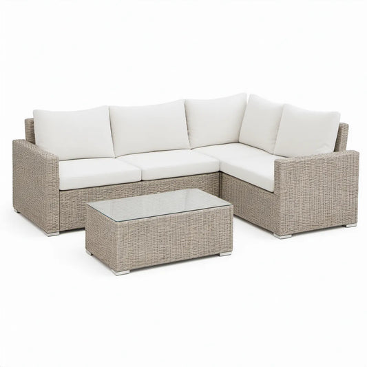 Conjunto de exterior em L 200 x 200 cm em vime PE bege com almofadas brancas e mesa de centro