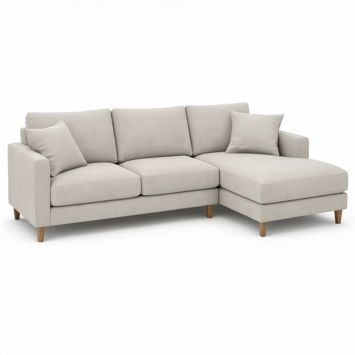 Sofá de Canto com Chaise Longue à Direita em Poliéster Bege e Pernas Castanho-Claro 230 x 150 x 85 cm