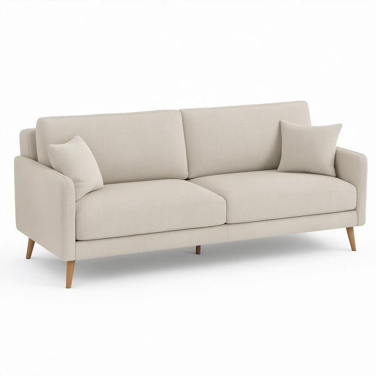 Sofá Reto de 3 Lugares em Poliéster Bege e Mel, 200 x 90 x 85 cm, com 2 Almofadas