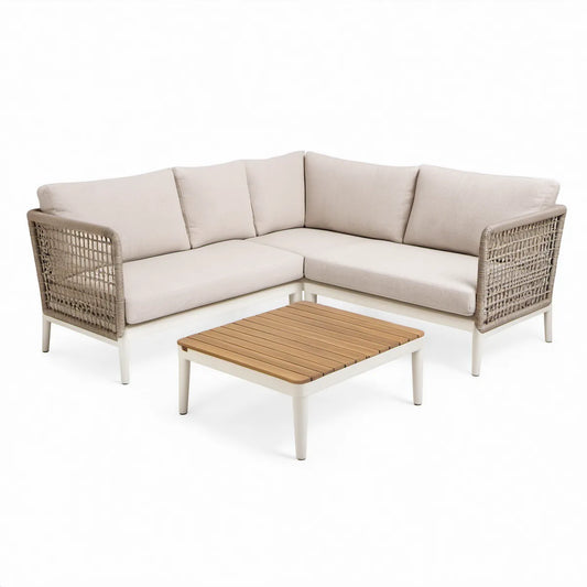 Conjunto de Canto para Jardim com Mesa de Centro em Alumínio e Corda de Poliéster Bege, Branco e Castanho-claro 220 x 220 cm
