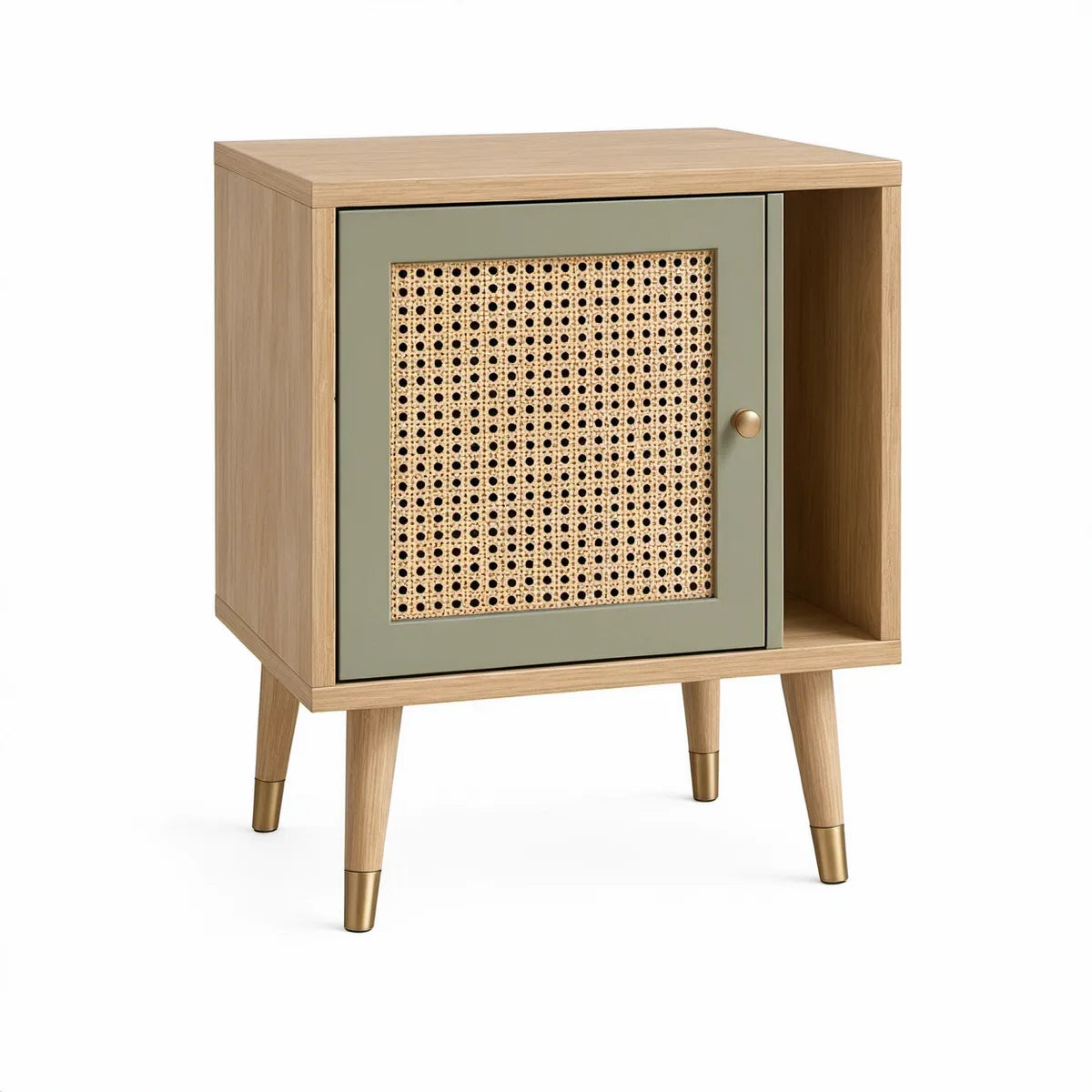 Mesa de Cabeceira em MDF Efeito Carvalho com Porta em Rattan, Nicho Lateral e Pés Dourados, 40 x 35 x 60 cm