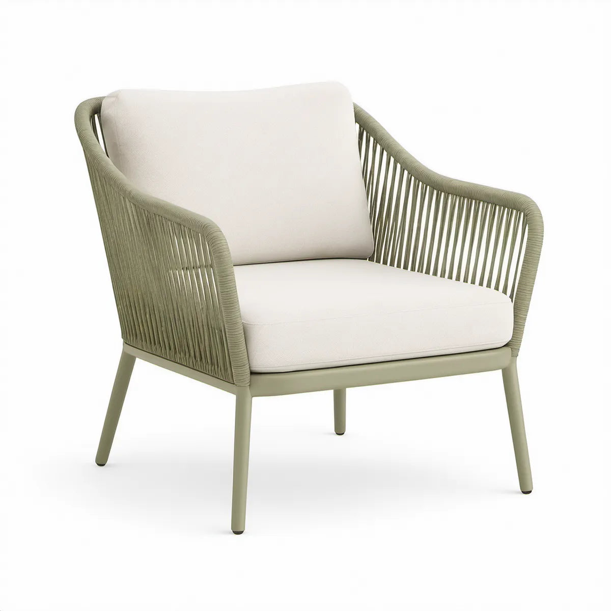 Poltrona de Jardim com Braços em Alumínio e Corda PP Verde-sálvia com Almofadas Bege, 75 x 78 x 79 cm