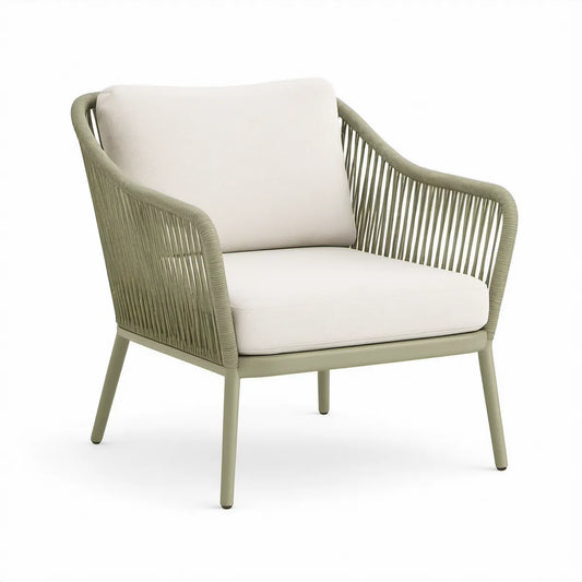 Poltrona de Jardim com Braços em Alumínio e Corda PP Verde-sálvia com Almofadas Bege, 75 x 78 x 79 cm