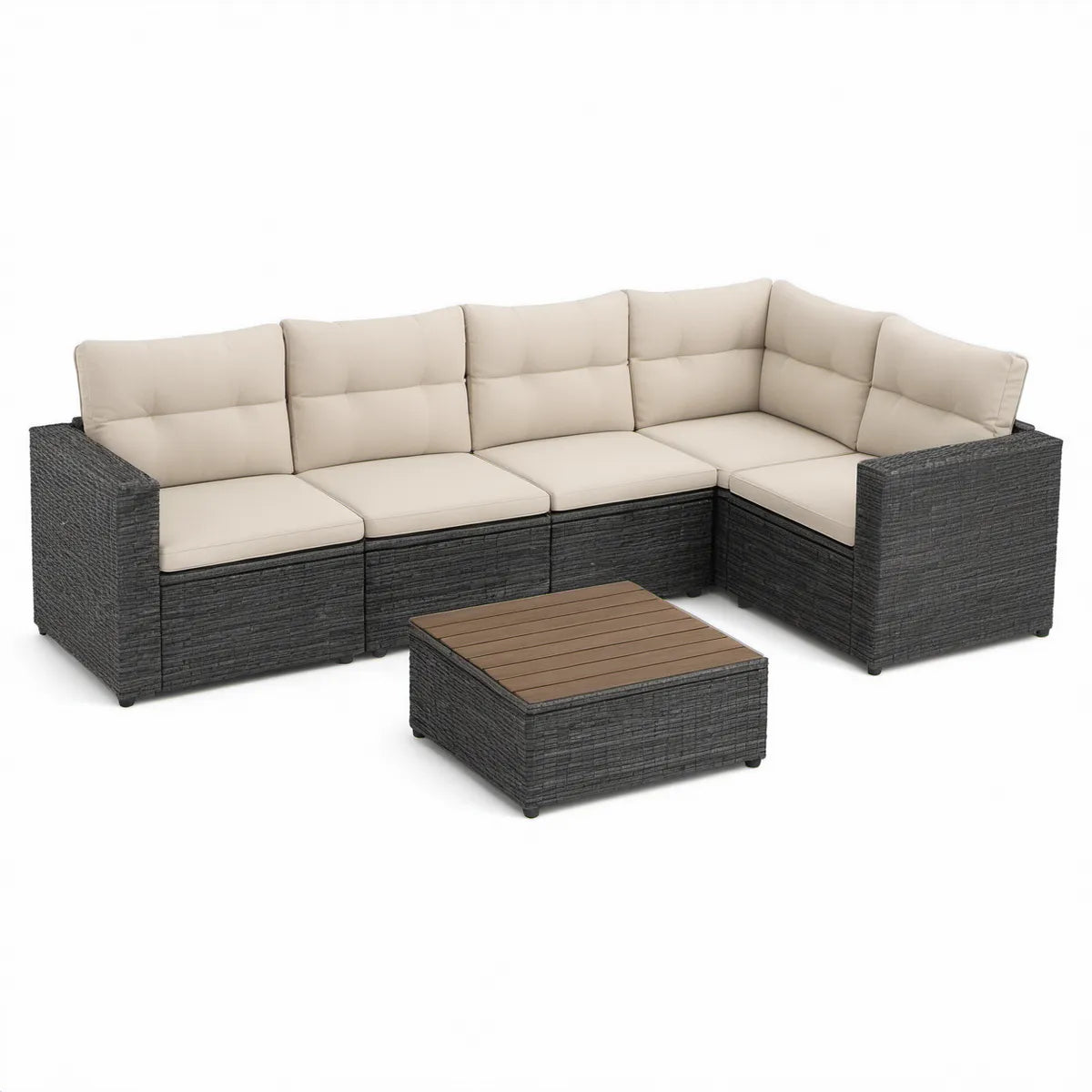 Sofá Modular de Canto em L para 5 Lugares com Mesa, 250 x 190 x 65 cm, Cinzento-Escuro, Bege e Castanho