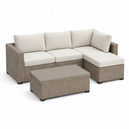 Conjunto modular de exterior em L com chaise longue e mesa de centro, 214 x 154 x 65 cm, Bege/Cinzento-taupe/Preto