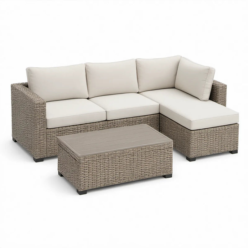 Conjunto modular de exterior em L com chaise longue e mesa de centro, 214 x 154 x 65 cm, Bege/Cinzento-taupe/Preto