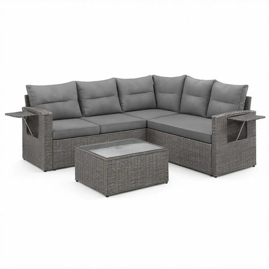 Sofá de Canto Modular para Exterior em Vime PE Cinzento com Mesa, 200 x 200 cm