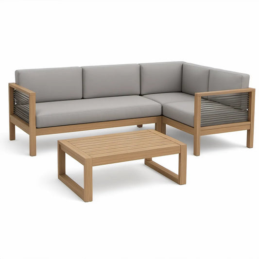 Conjunto de Sofá de Jardim em L com Mesa de Centro, Madeira de Acácia, Castanho Natural e Cinzento, 218 x 218 x 74 cm
