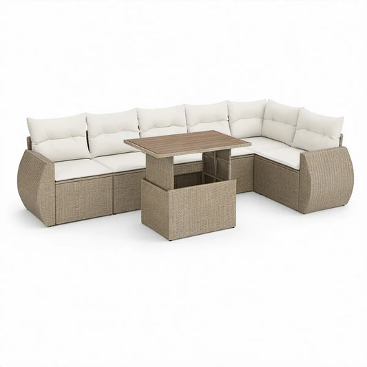 Conjunto de Sofás de Jardim em L com Mesa, 210 x 210 cm, Bege, Branco e Castanho