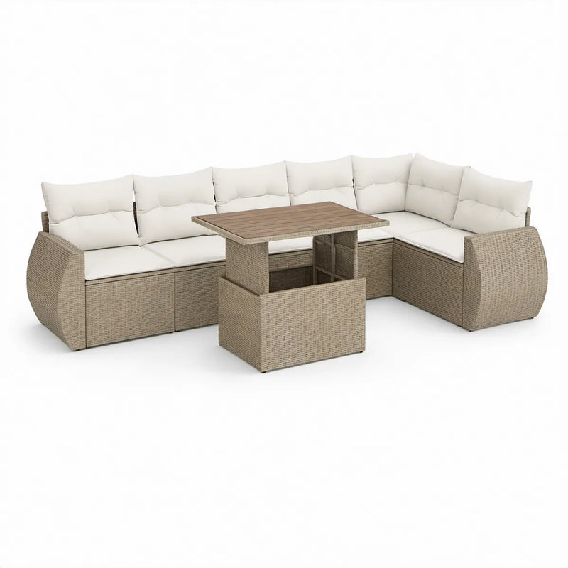 Conjunto de Sofás de Jardim em L com Mesa, 210 x 210 cm, Bege, Branco e Castanho