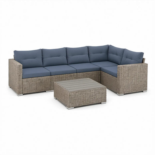 Sofá de Jardim Modular de Canto em L para 5 Lugares com Mesa de Centro, Cinzento e Azul-Escuro, 250 x 190 x 65 cm