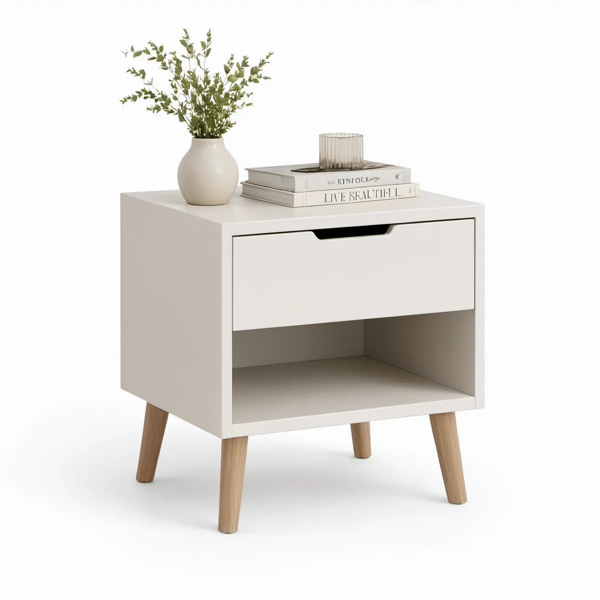 Mesa de cabeceira em MDF branco com gaveta e nicho, 45 x 35 x 55 cm