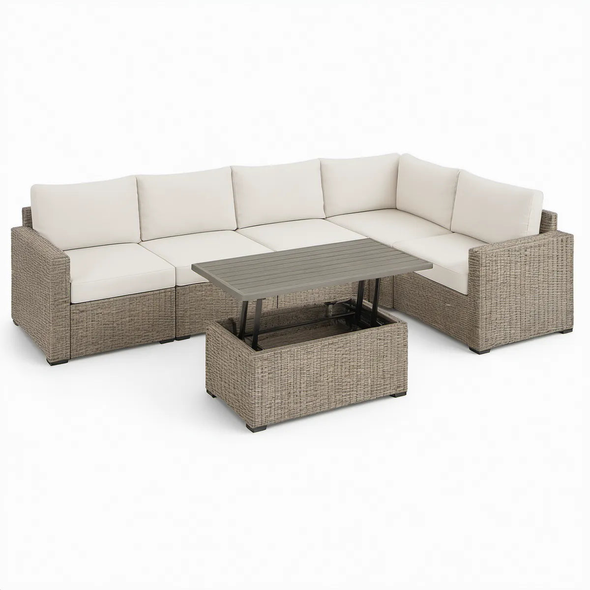 Sofá de Canto Modular para Jardim 230 x 230 cm com Mesa Elevatória e Arrumação, Bege Acinzentado/Creme/Cinzento