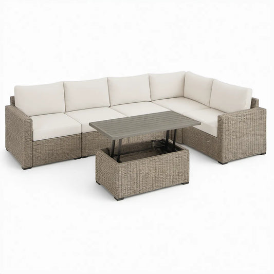 Sofá de Canto Modular para Jardim 230 x 230 cm com Mesa Elevatória e Arrumação, Bege Acinzentado/Creme/Cinzento